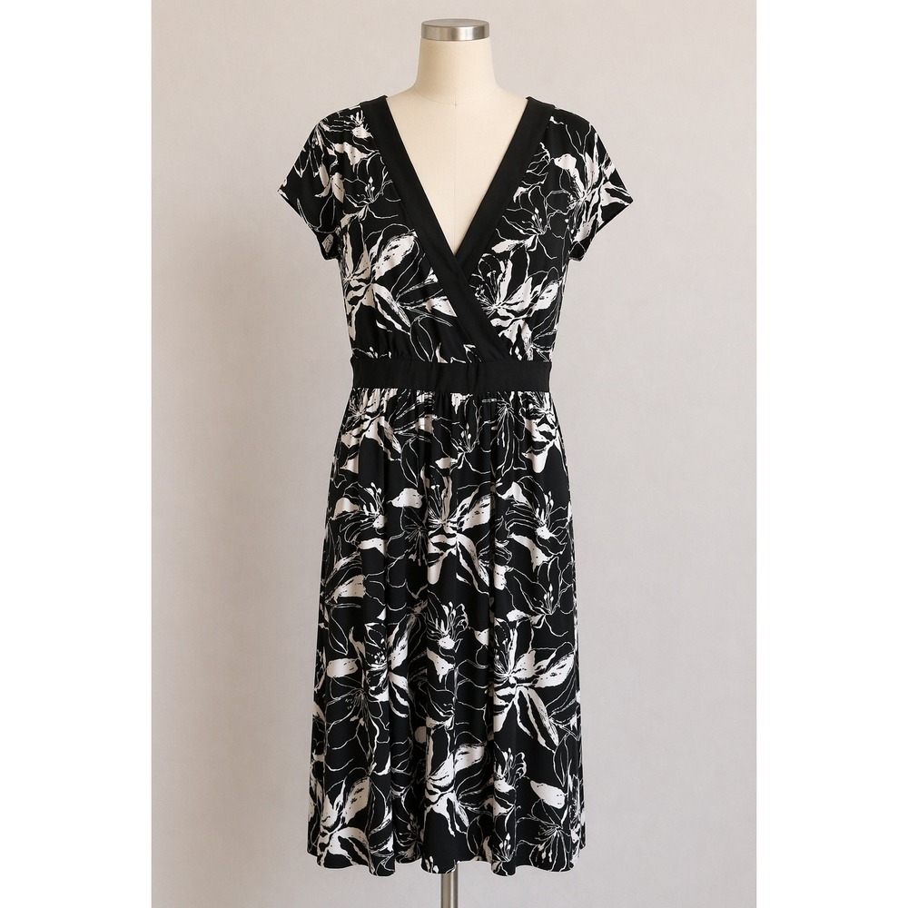 Evan Picone Black‎ White Floral Dress Size 14 Classic Chic Wrap Style Minimalist